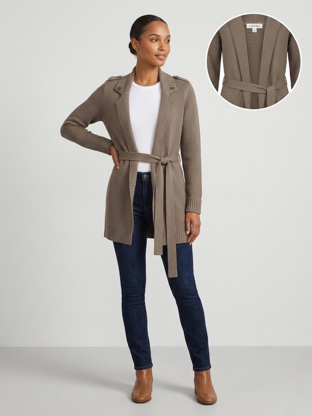 Calvin Klein Taupe Knit Belted Open-Front Cardigan